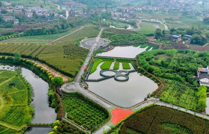 2022年4月5日在四川省华蓥市禄市镇凉水井村生态园拍摄的乡村旅游公路(无人机照片)。新华社发(邱海鹰摄)