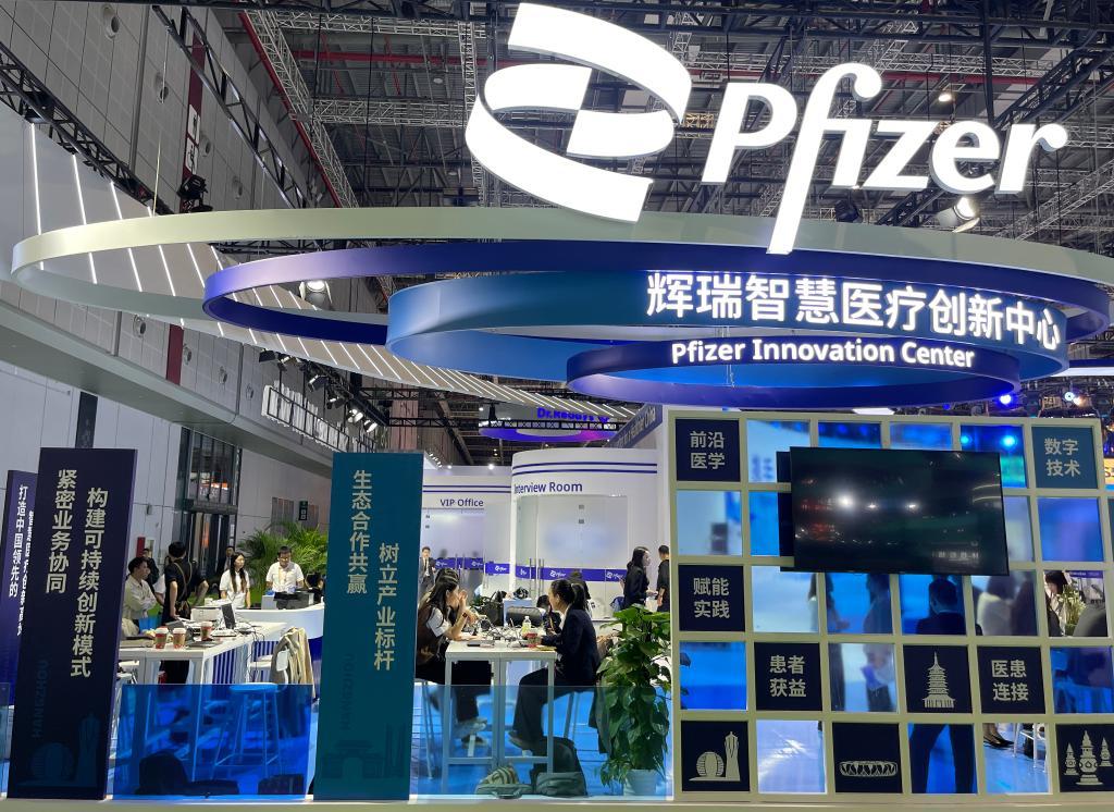 11月8日,参观者在第六届进博会辉瑞展台洽谈.新华社记者 李梦娇 摄