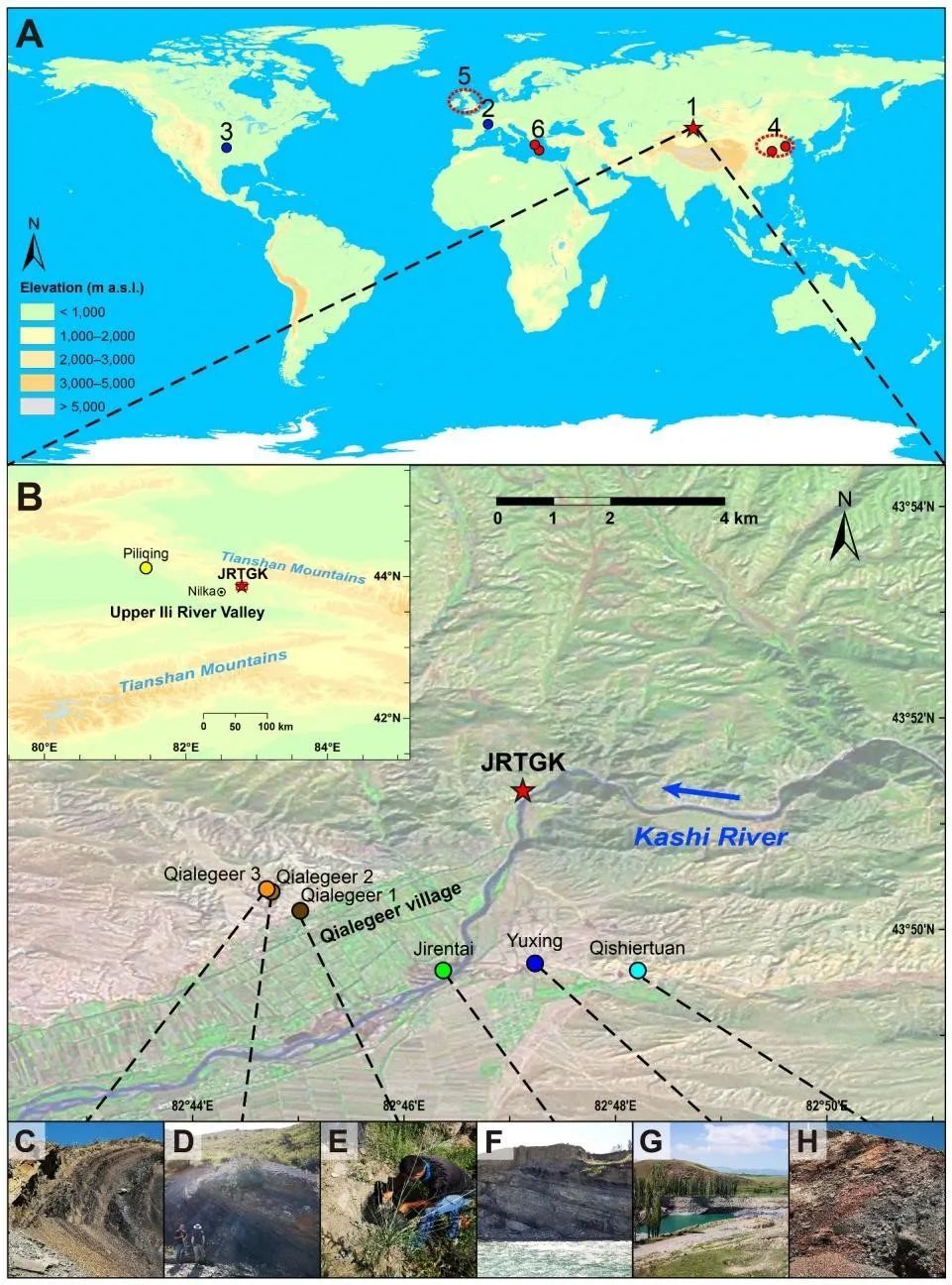 世界早期用煤遗址和研究区地图