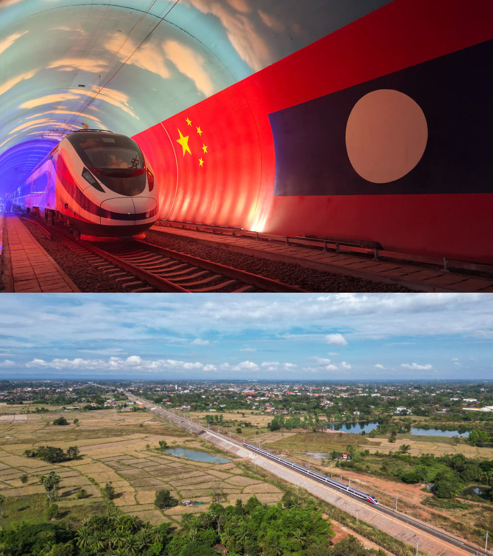 上图：2021年10月15日，“澜沧号”动车组通过中老友谊隧道内的两国边界。新华社发（曹安宁摄）下图：2022年11月25日，“澜沧号”动车组行驶在老挝万象郊外的中老铁路老挝段上（航拍照片）。新华社发（凯乔摄）