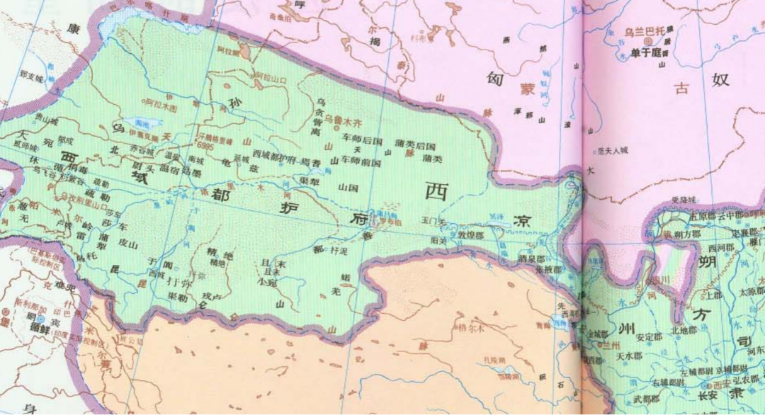 西域都护府是汉朝时期在西域设置的管辖西域众属国的机构。来源/谭其骧版《中国历史地图集》