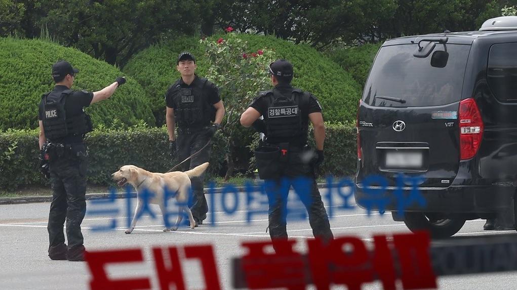 8月16日,在大邱市政府大楼,特警部队队员和嗅探犬正在开展搜查工作。