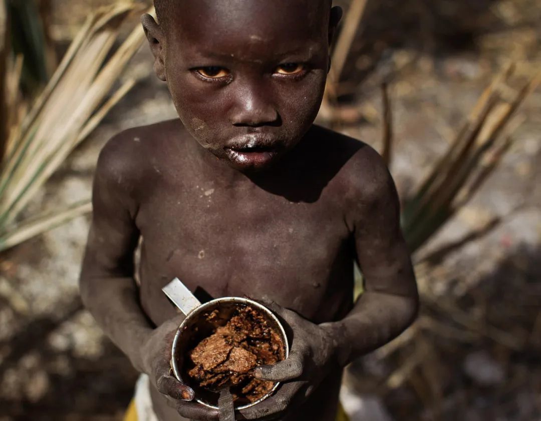 ◆南苏丹东北部青尼罗州，Doro难民营的一个小男孩捧着杯子里的硬饼干。