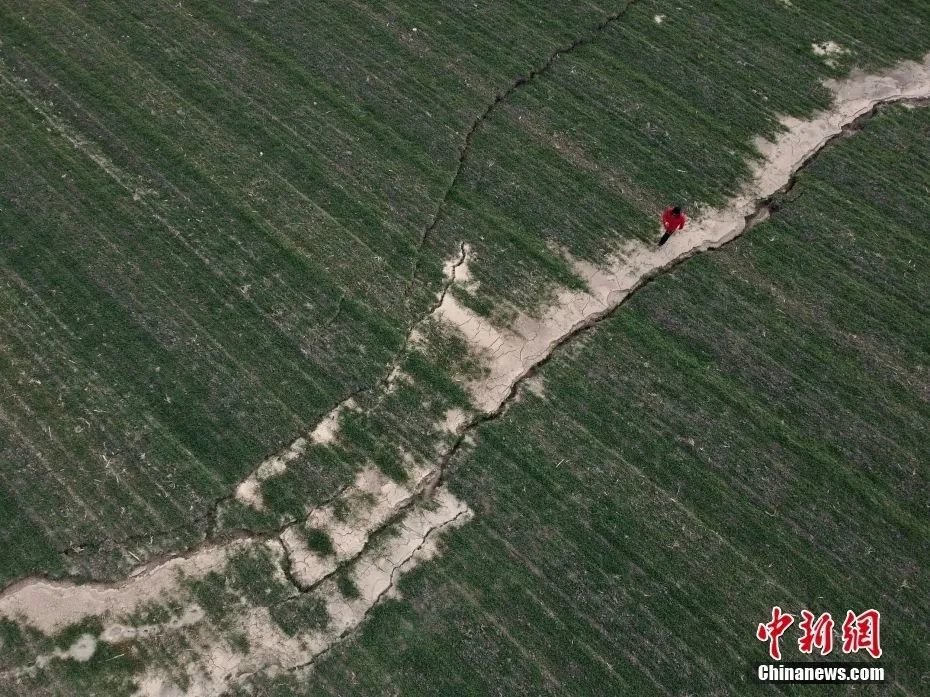 当地时间2月20日,航拍土耳其卡赫拉曼马拉什,当地在发生两次强烈地震后,大地裂痕将农田一分为二。图/视觉中国