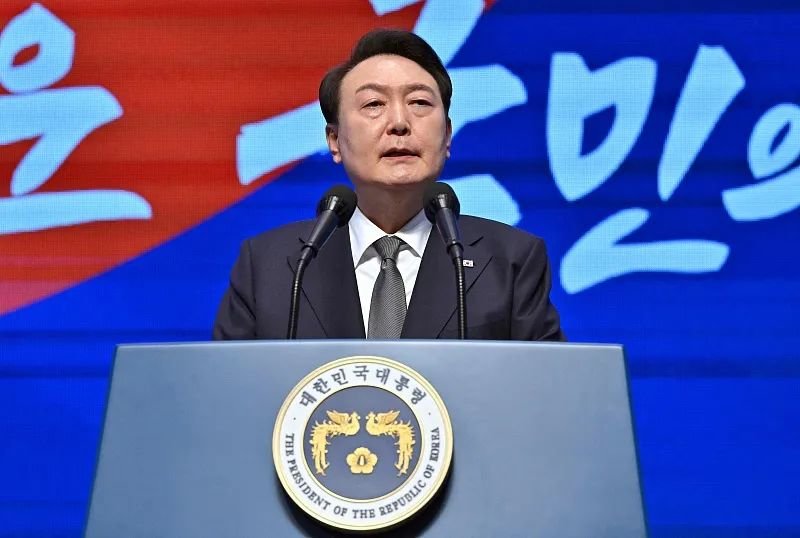3月1日，韩国首尔，尹锡悦在“三一运动”104周年纪念仪式上发表讲话。图源：视觉中国