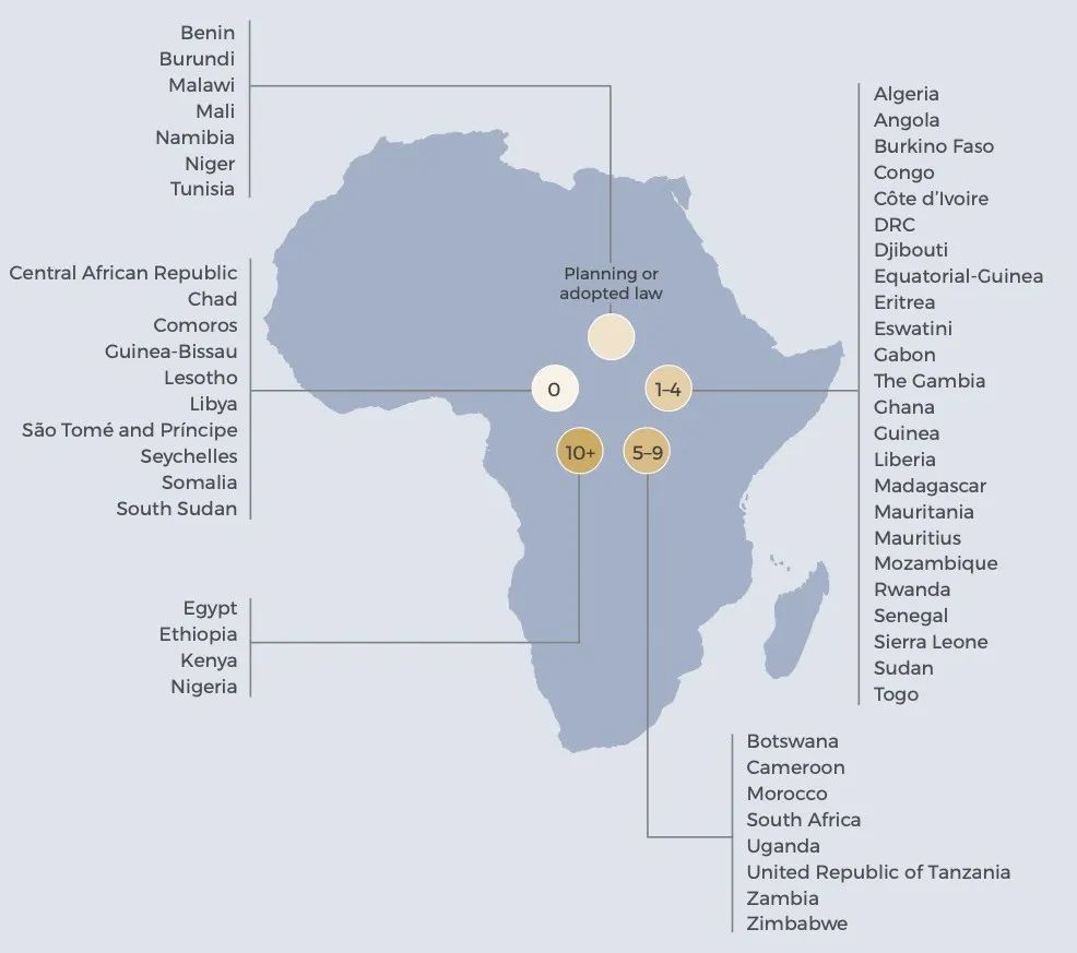 ▲ 图9：非洲各国经济特区数量。5个圆按颜色深浅顺序代表：正在计划或通过法律、无、10个以上（包括埃及、埃塞俄比亚、肯尼亚、尼日利亚）、5-9个、1-4个。