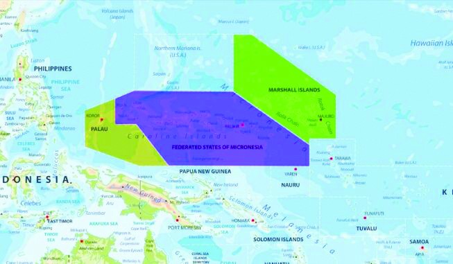 美媒发布与太平洋三岛国续签相关协定后，美国获得军事控制权的大片西太平洋地区的示意图。