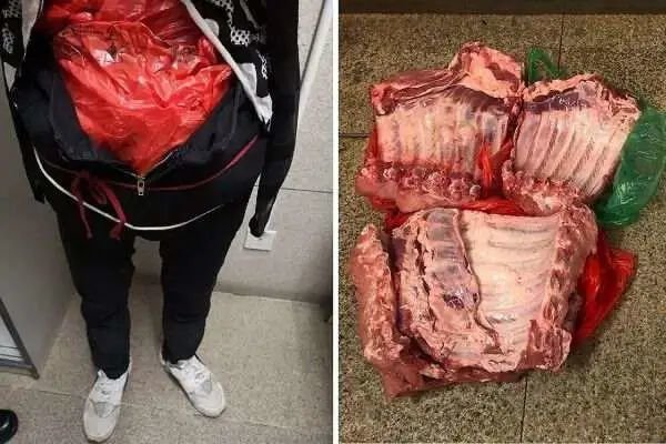 除了图中所示的腰部绑猪肉,还有在小腿上绑鸡的……|图源:澳门日报