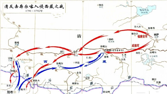 ▲廓尔喀之役，清军行军路线