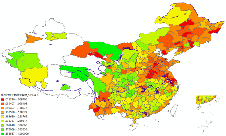 微博用户反应家乡耕地抛荒程度比较严重的比例（按照地级市计算百分比）/作者供图
