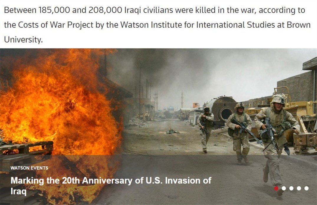 △美国布朗大学沃森国际研究所官网：共有18.5万-20.8万名伊拉克平民在战争中丧生