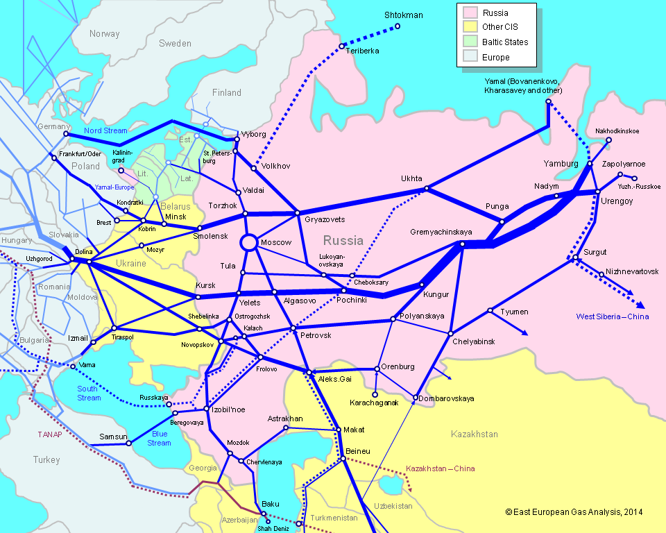 ▲ 欧亚大陆空间输气管道网络分布。粉色：俄罗斯境内；黄色：独联体国家；青色：波罗的海国家。图源：East European Gas Analysis