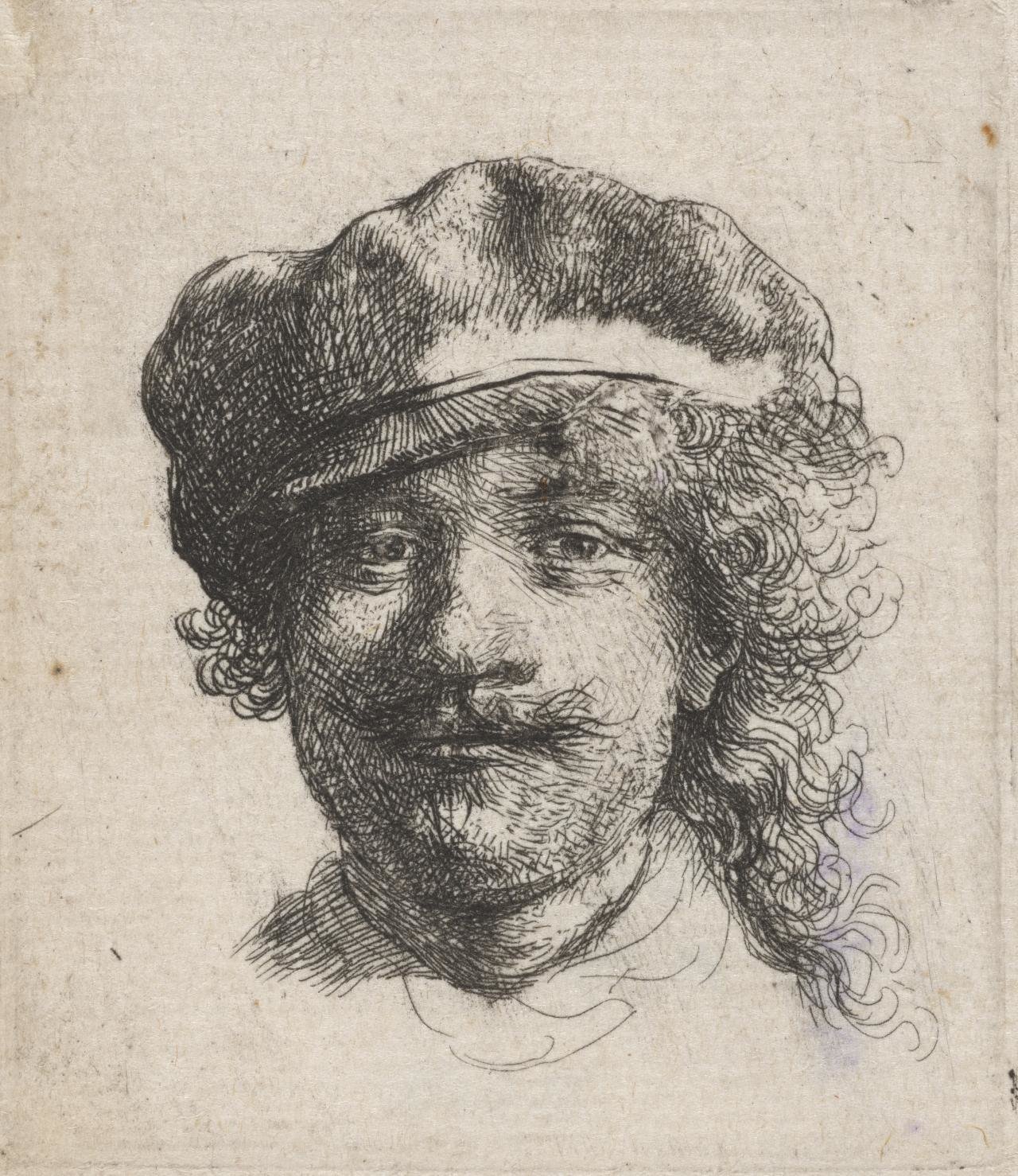 伦勃朗，《戴软帽的自画像》，蚀刻版画，1634年，维多利亚国立美术馆藏
