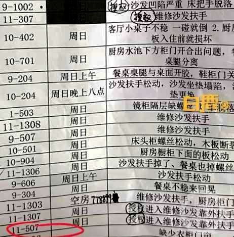 ▲维修清单显示是11栋的507号住户要求维修。