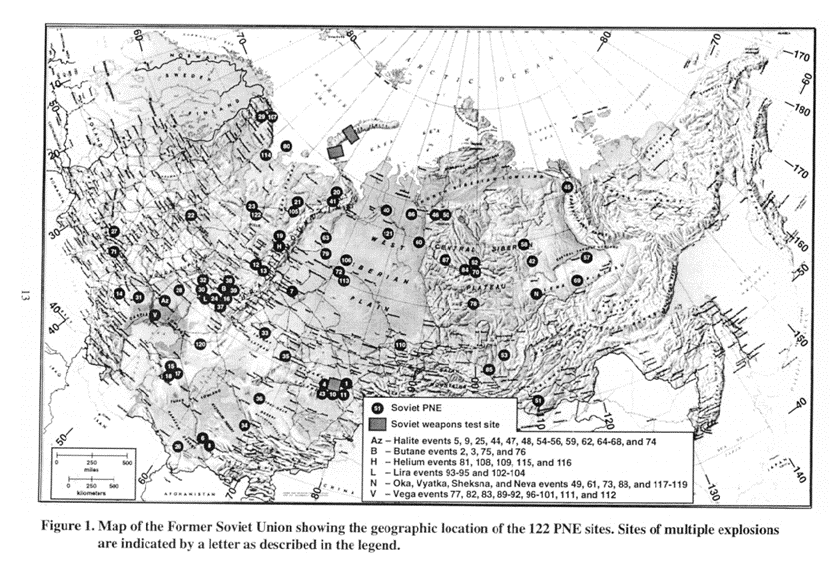 蘇聯(lián)“國(guó)民經(jīng)濟(jì)核爆炸”試驗(yàn)地點(diǎn)（圖片來(lái)源：《蘇聯(lián)和平利用核爆炸計(jì)劃》）