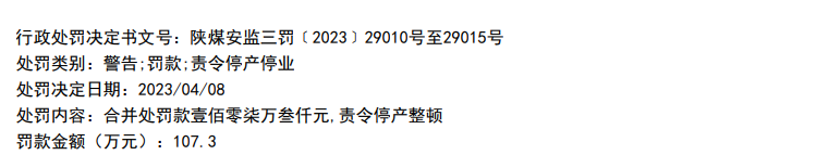 ▲今年4月8日，国家矿山安全监察局陕西局依法对延川县新泰煤矿进行处罚107.3万元，并责令停产整顿。图片来源/处罚文件截图