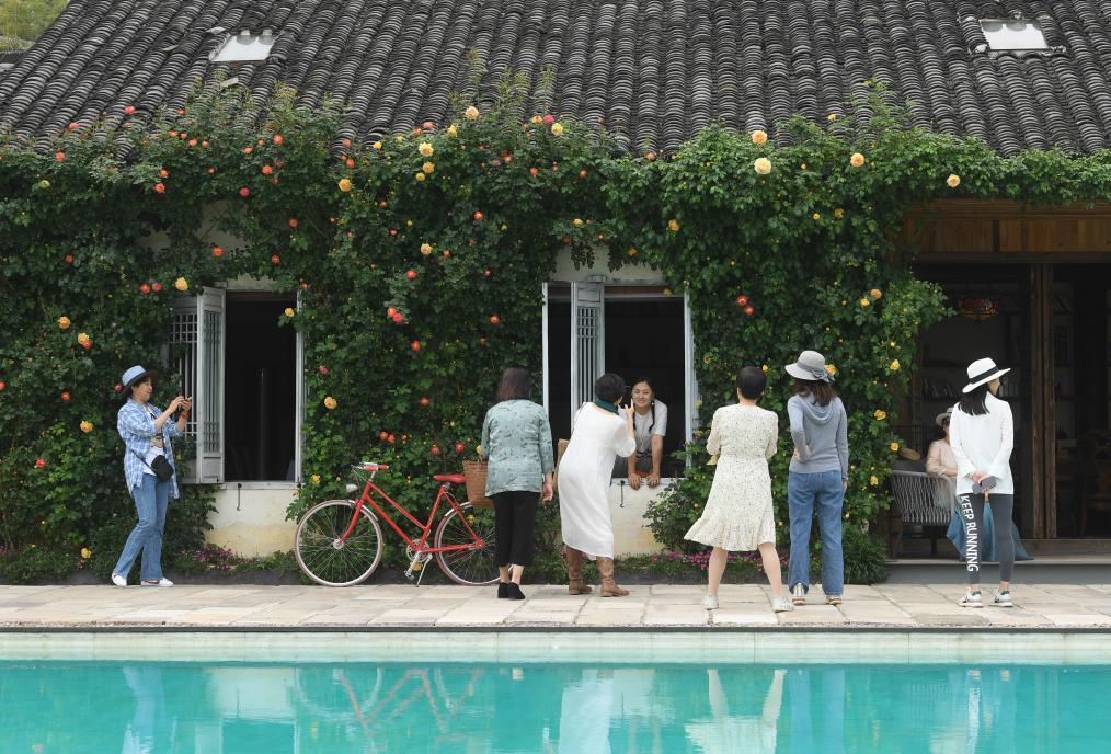 在浙江省湖州市埭溪镇莫家栅村的玫瑰庄园,参观者在玫瑰盛开的花墙前留影(2023年4月20日摄)。新华社记者 翁忻旸 摄