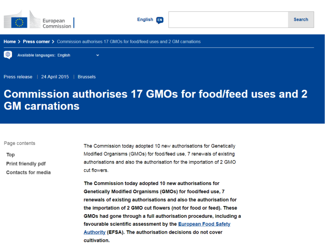 欧盟批准17项转基因产品用于食品和饲料。