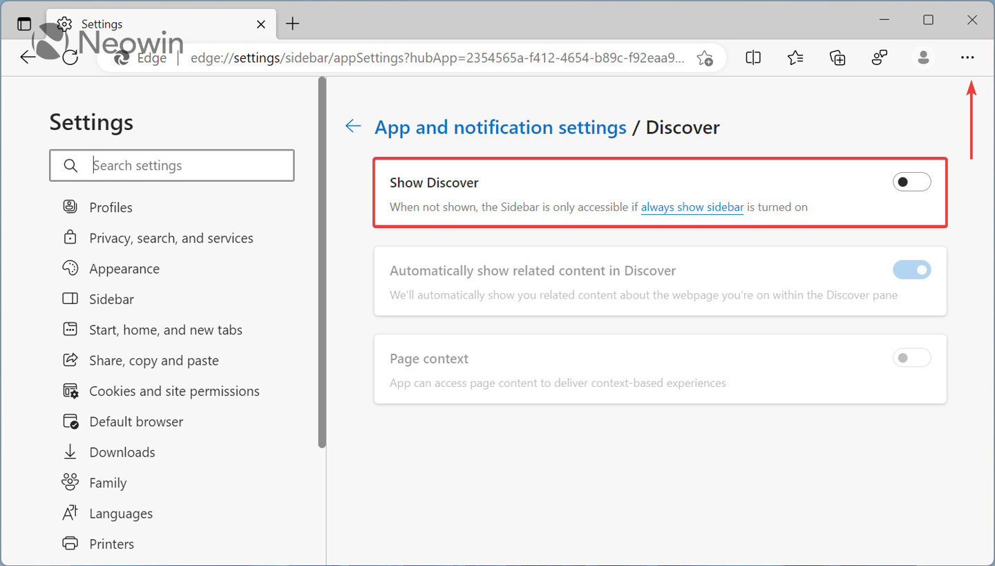 A screenshot of Microsoft Edge setting that lets you disable the new Bing button