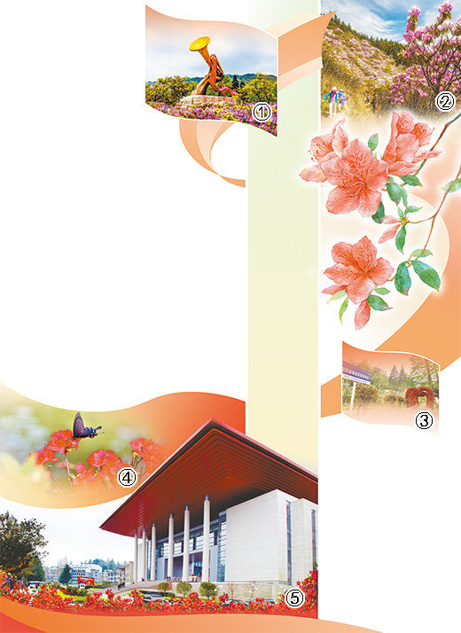 图①：井冈山“胜利的号角”雕塑旁，杜鹃花花团锦簇。