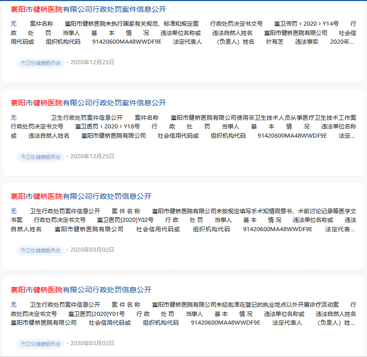 医院成立6年数次被罚。图/襄阳卫健委官网截图
