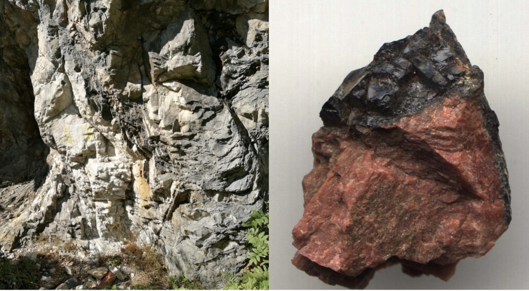 左：伊特比老矿（笔者摄），右：加多林矿石（图中黑色部分，维基百科）