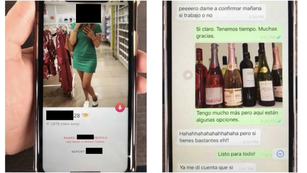 · 调查人员在两部手机上发现的材料。左图为雷蒙德在约会网站上认识的一名女性的个人资料，右图为与受害者相关的酒类信息。