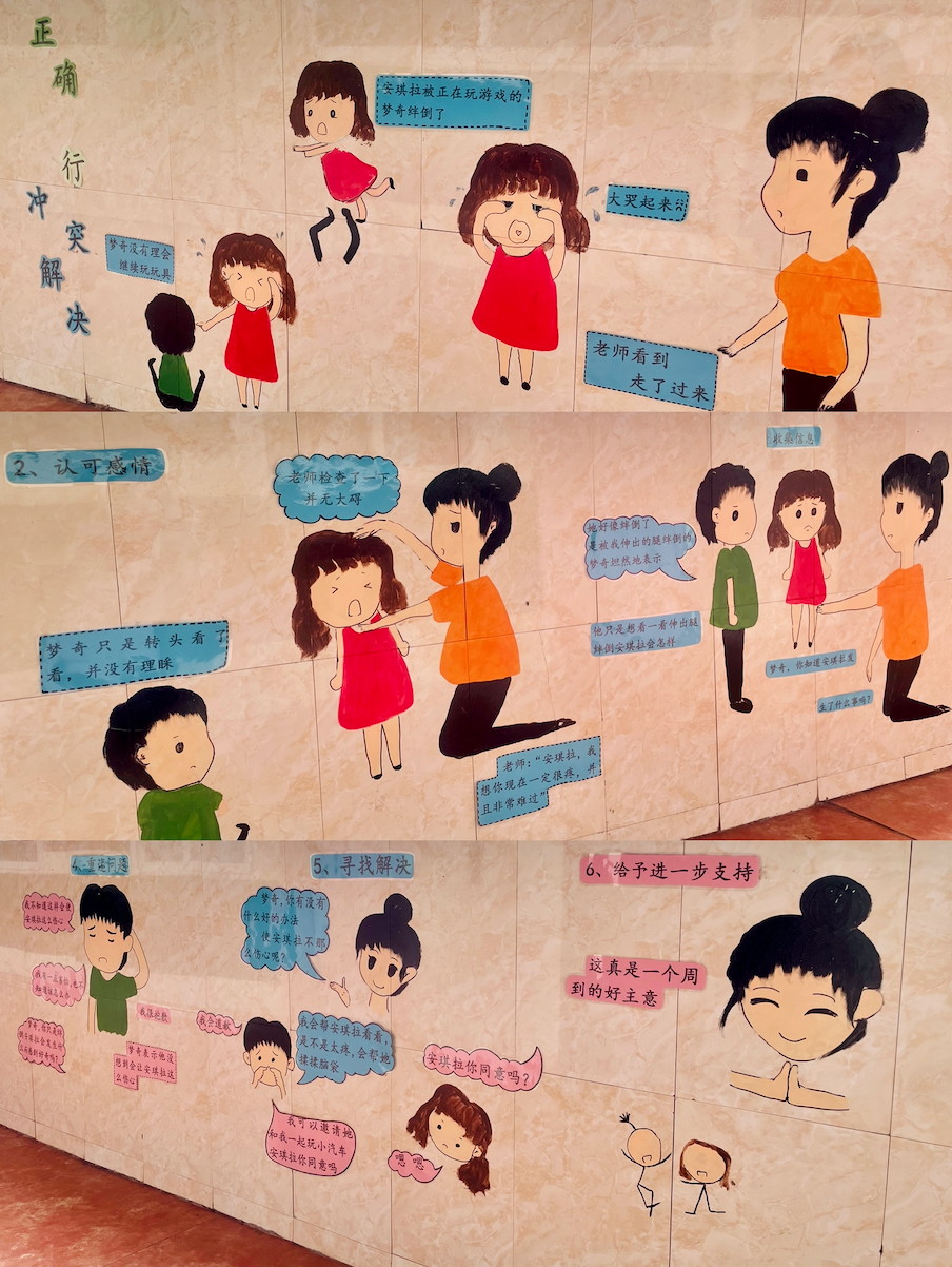 〓 育彤幼儿园墙上画着的解决冲突六步骤。摄：张楠茜