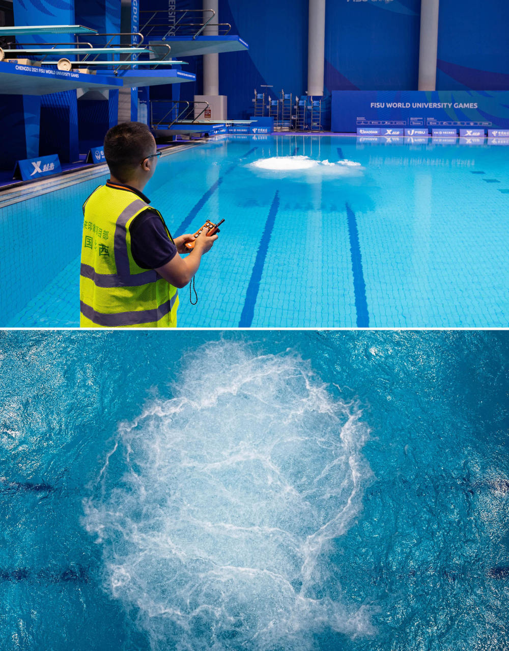 ↑这是一张拼版照片。上图为：7月22日，在简阳文体中心游泳馆，中国华西四川机司东来印象（简阳文体中心）项目工作人员正在操作池底安全气垫系统。下图为：池底安全气垫系统效果展示。该系统为确保跳水运动员安全，在气体释放时形成上升水流和侧向水流增加水体的柔软度和弹性，减缓人体在水中的降落速度，防止对运动员身体的伤害。新华社记者 江宏景 摄