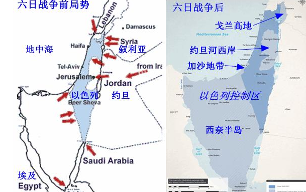 ▲第三次中东战争后,以色列占据了巴勒斯坦全境、西奈半岛和戈兰高地