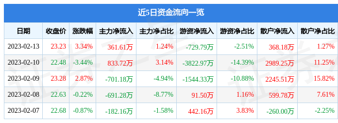 鼎龙股份（300054）2月13日主力资金净买入361.61万元