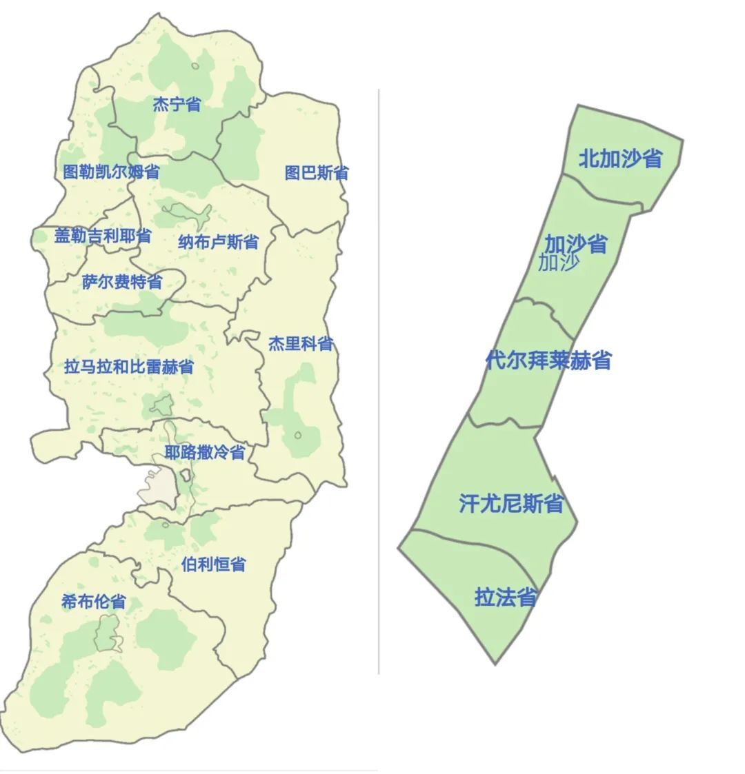 ▲西岸与加沙地带行政区划(深绿色为巴勒斯坦实控)