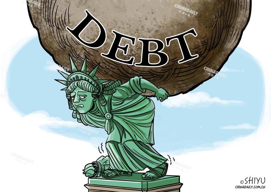 美国债务逼近“最后大限”，“女神”不堪重负。（来源： 石宇 英文《中国日报》2023年5月24日8版）