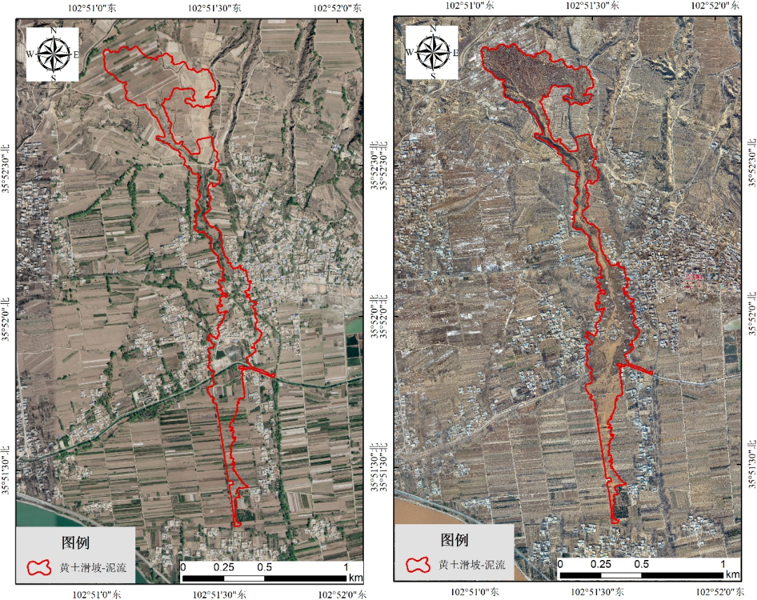 地震前后滑坡—泥流对比图。地灾防治国家重点实验室微信公众号 图