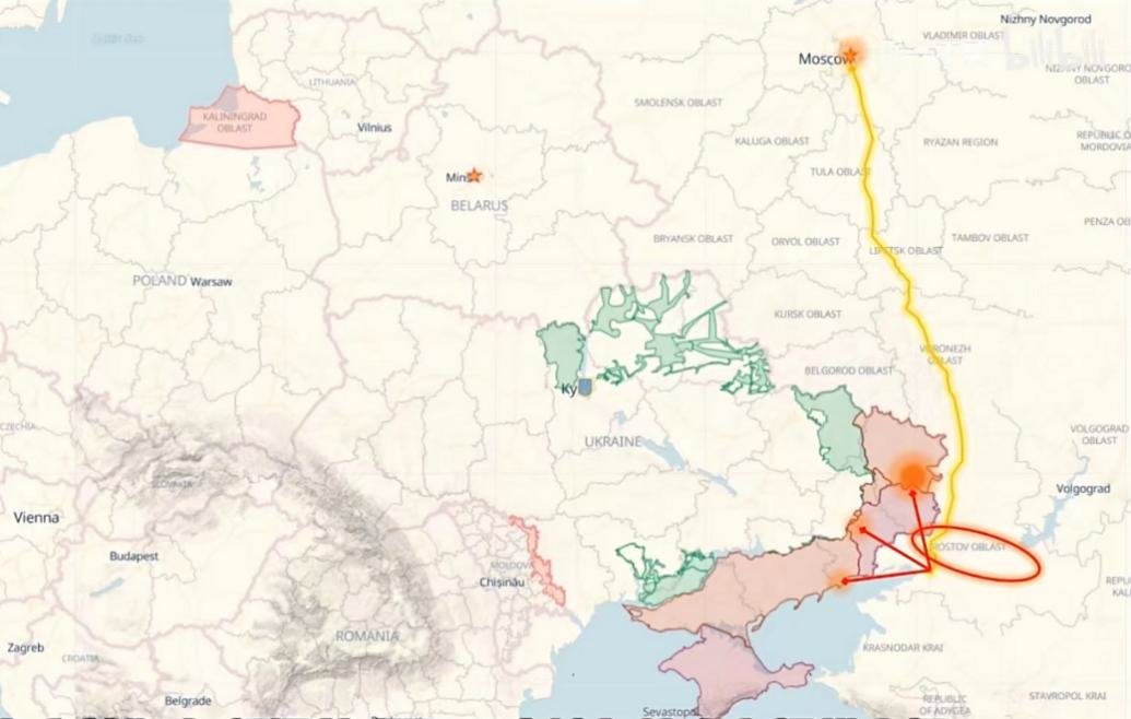 罗斯托夫地区的军事区位以及战略投射方向(图片来自B站up主“烁一不贰”)