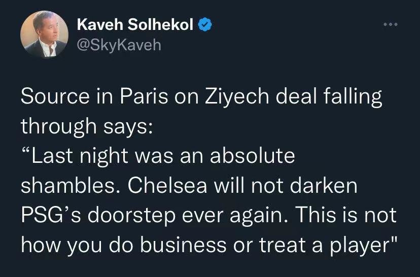 记者：齐耶赫事件后，巴黎不会再和切尔西做生意