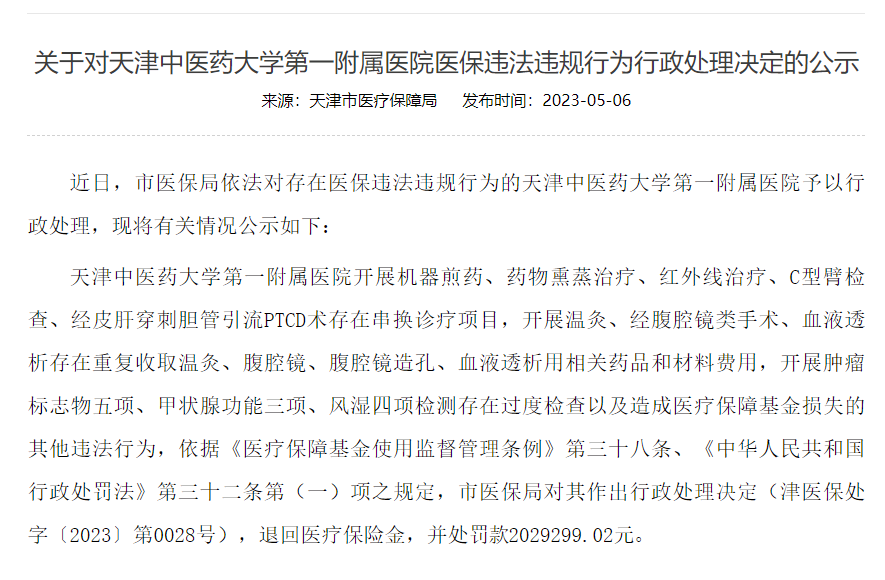 重复收费、过度检查！天津这家医院被罚200余万元