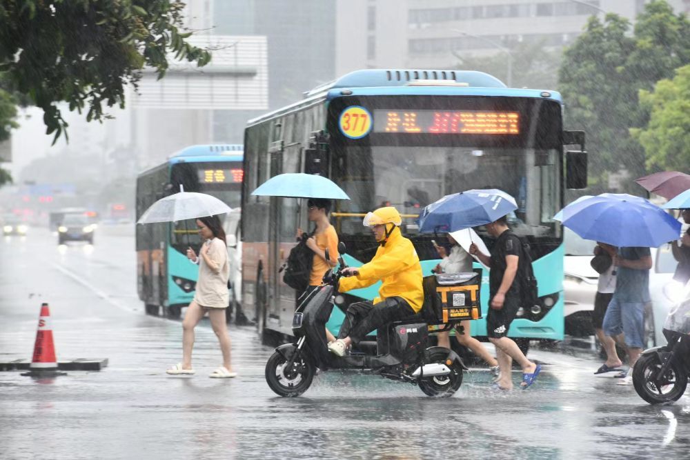 9月8日，人们在暴雨中出行。新华社记者 梁旭 摄