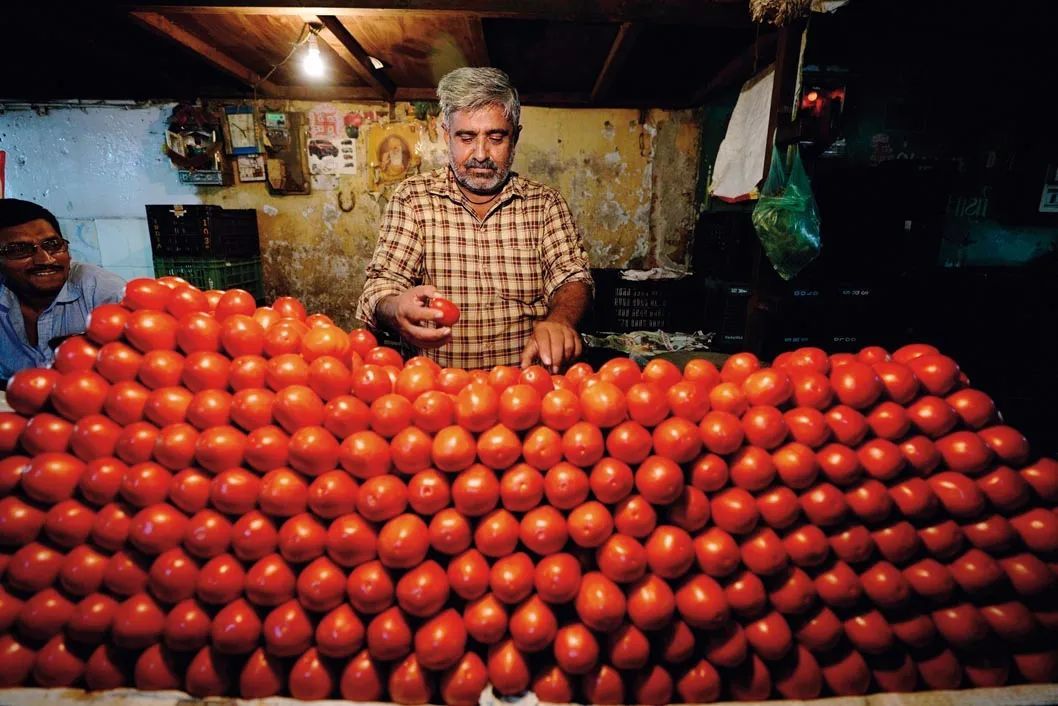 7 月 11 日，在印度艾哈迈达巴德，一名商贩售卖西红柿 新华社/美联