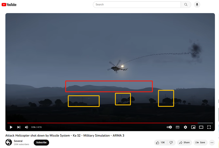 《武装突袭3》中阿尔蒂斯一带的地形、地貌与网传视频中的画面元素（如山脉（红框）、电线杆（黄框）等）高度吻合。
