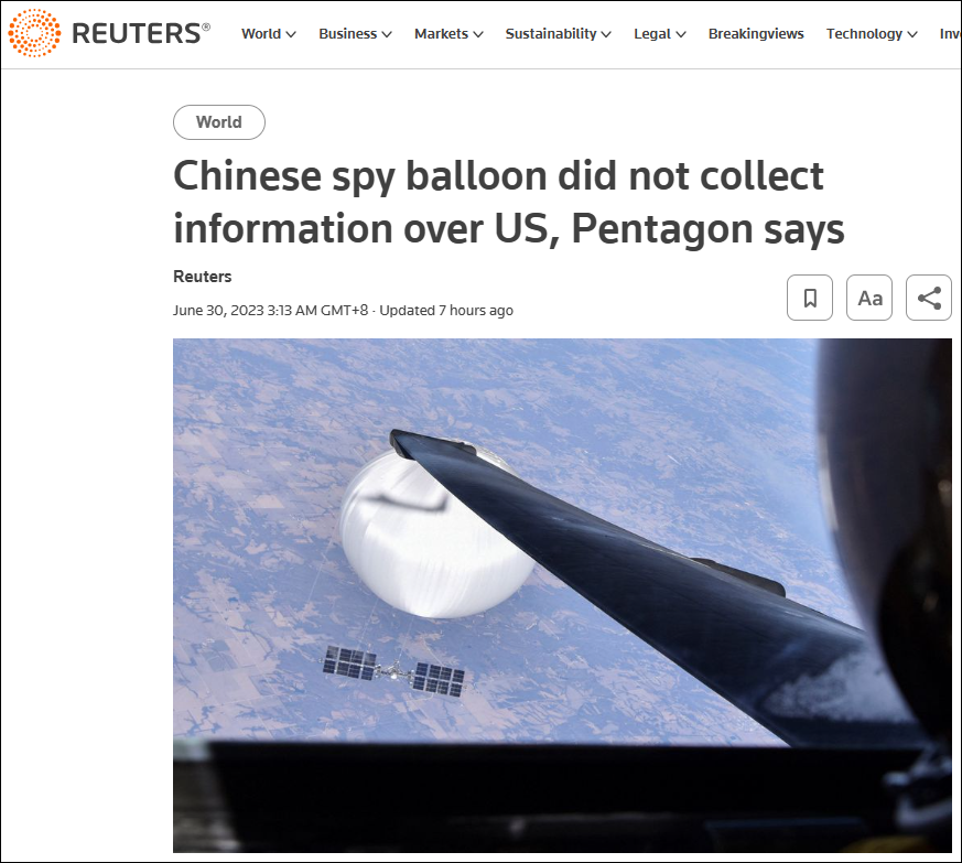 美国防部称中国无人飞艇“飞越美国期间没有收集情报”。图源：路透社
