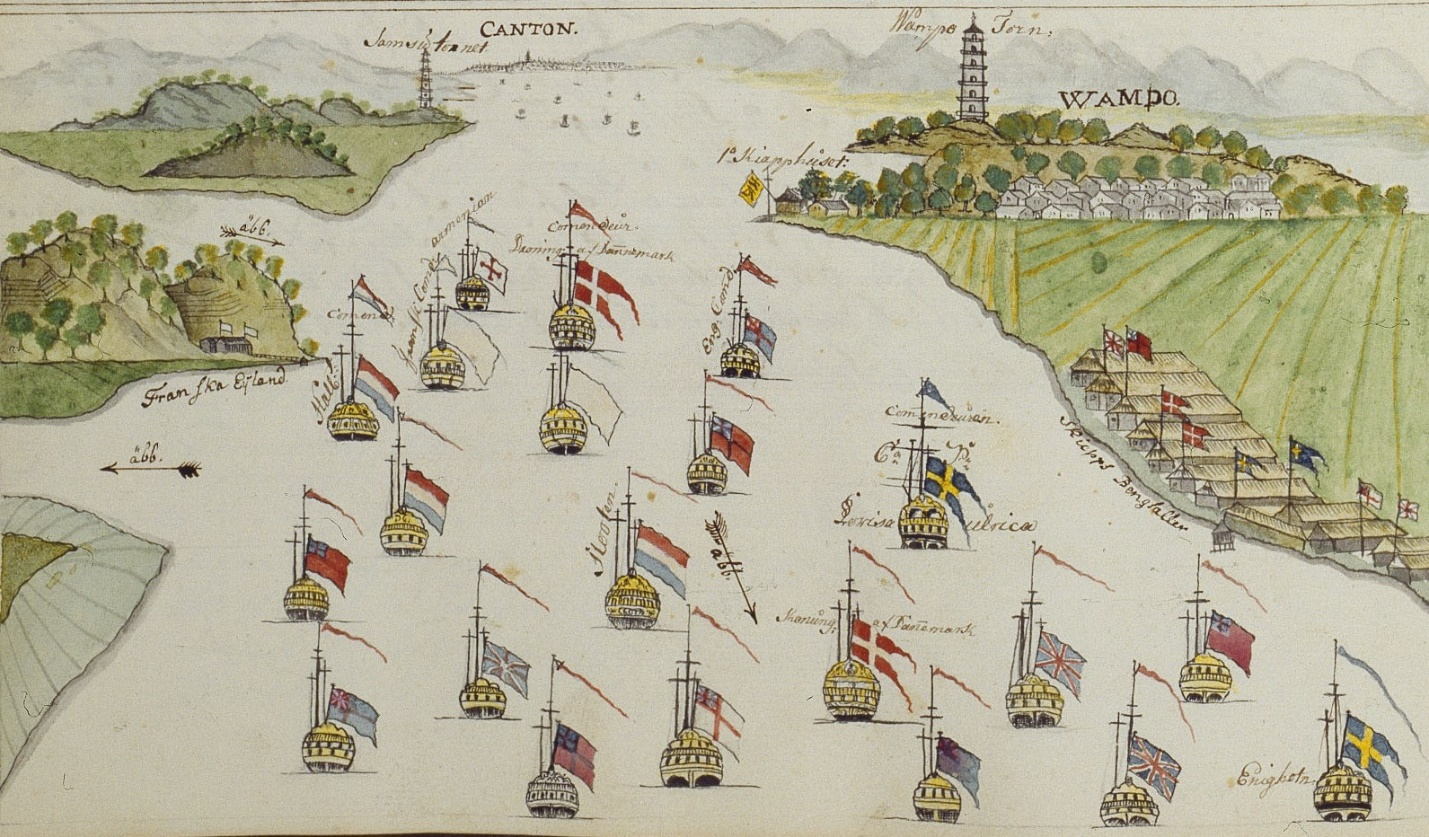 停在广州黄埔的外国帆船,右岸有他们的仓库