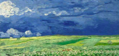 《乌云密布天空下的麦田》，1890，梵高，布面油画，纵50.4厘米，横101.3厘米，现藏阿姆斯特丹梵高博物馆。虽为同期作品，但这幅同《麦田群鸦》呈现出截然不同的风格。麦田辽阔，蓝、白、粉、紫色的天空下，黄色、浅绿色和紫色点缀其间，梵高称自己作画时“全身心都沉浸在一种平静的心境中”