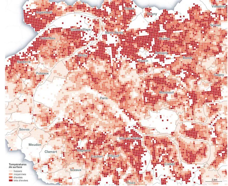 ▲ 巴黎西南郊气温比东北郊低。温度越高红色越深。（Mediapart报道截图）