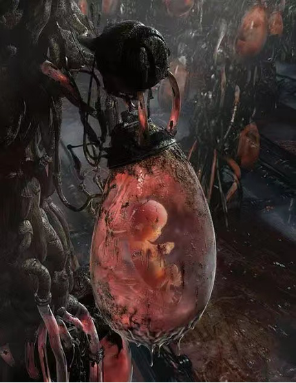 科幻作品中的“人造胚胎”。截图自电影《黑客帝国（1999）》