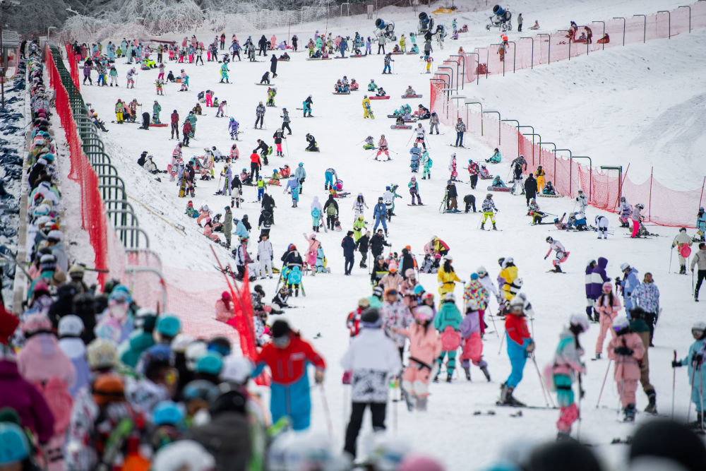 ↑12月17日，滑雪爱好者在湖北神农架国际滑雪场滑雪。得天独厚的自然地理条件为当地冰雪产业的发展提供优质资源。新华社记者 伍志尊 摄