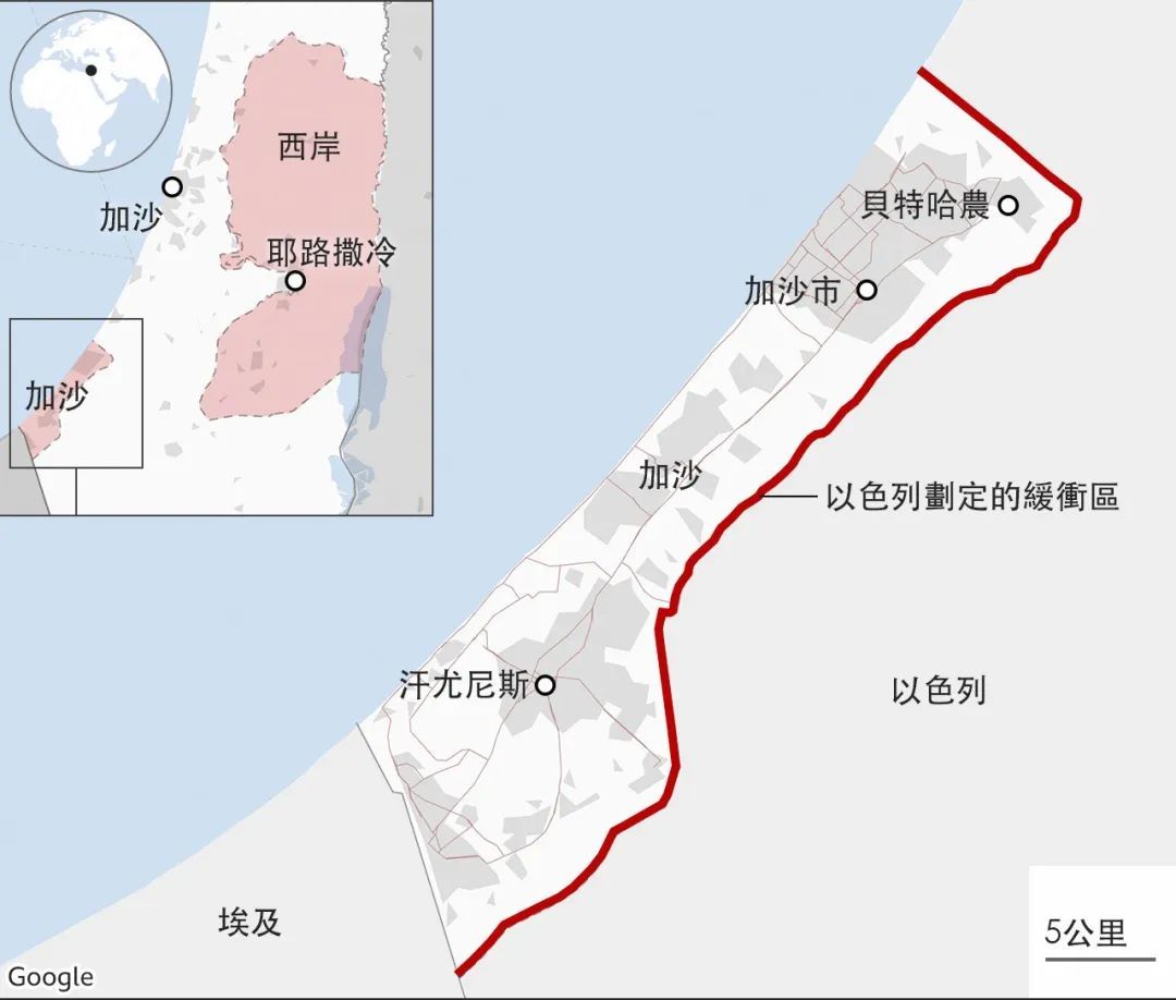 ▲加沙地区的地理位置（图源：BBC）