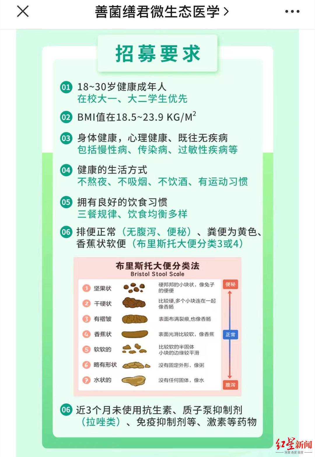 ▲复旦大学附属中山医院消化科此前发布的粪便招募通知截图