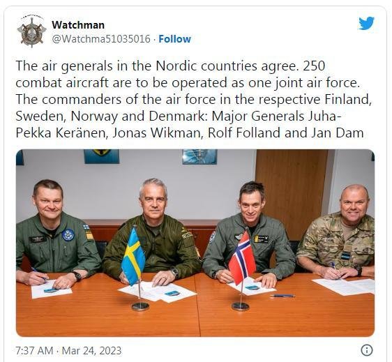 芬兰、瑞典、挪威和丹麦四国空军指挥官在签署组建“北欧联合空军”意向后合影（来源：环球时报）