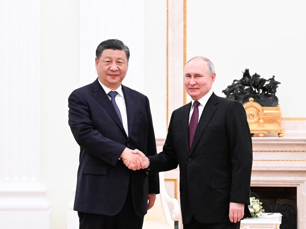 当地时间3月20日下午，刚刚抵达莫斯科的国家主席习近平应约在克里姆林宫会见俄罗斯总统普京。新华社记者 申宏 摄